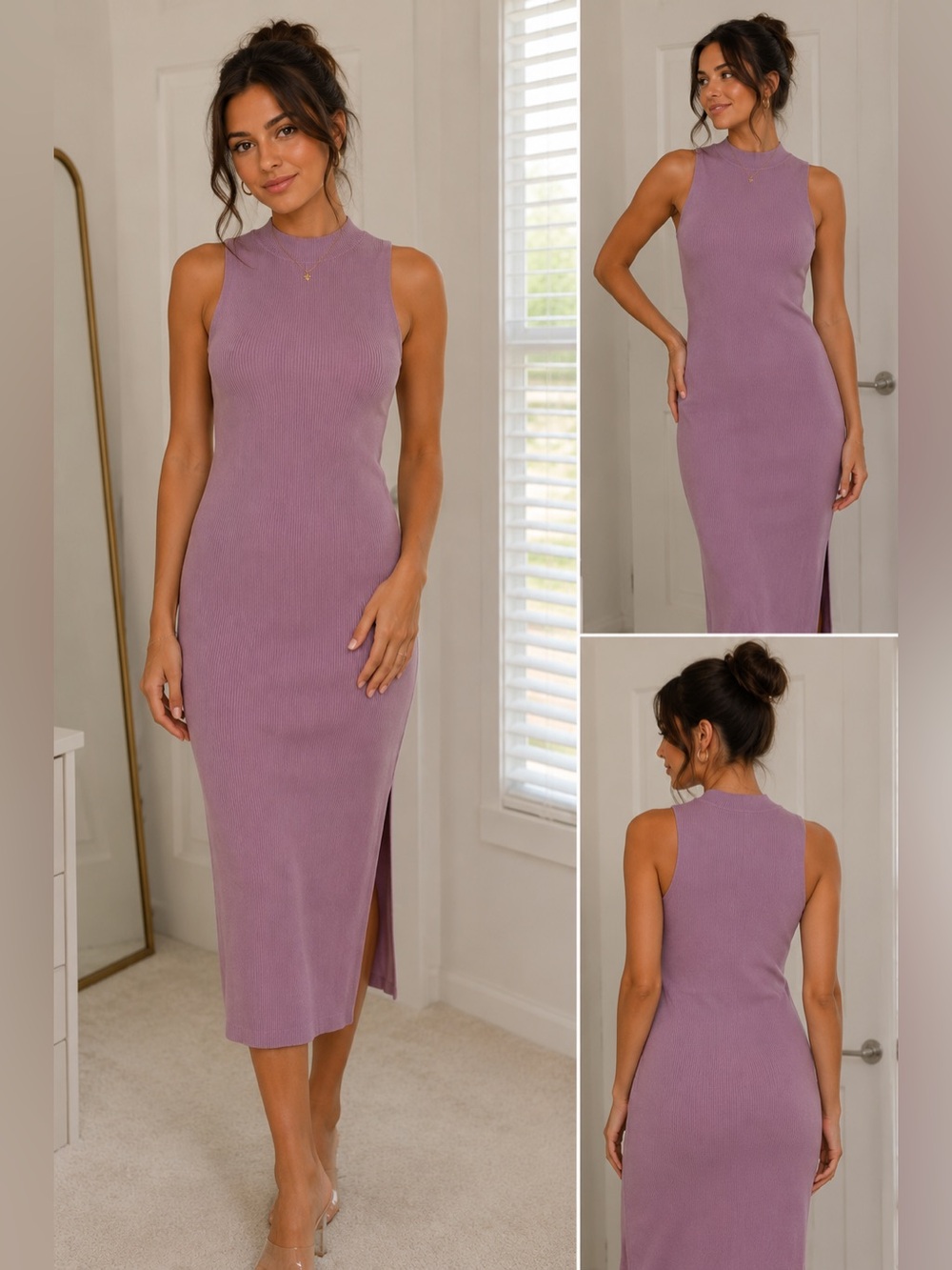 Lavender Ribbed Midi Dress | Minimalist Bodycon Knit Dress